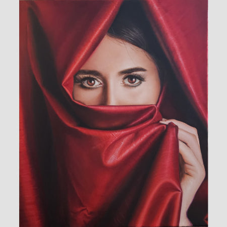 Woman Behind a Red Curtain